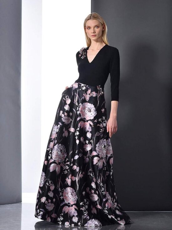 Theia Dresses & Skirts - Theia Black V-Neck Long Sleeve Dress with Pink Floral Skirt